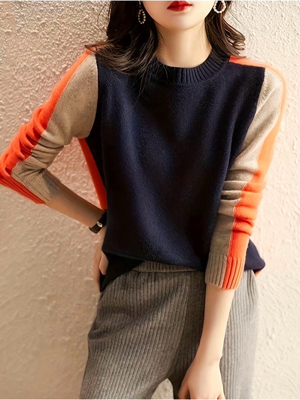 Women's Navy Colorblock Crewneck Sweater with Orange and Beige Sleeves